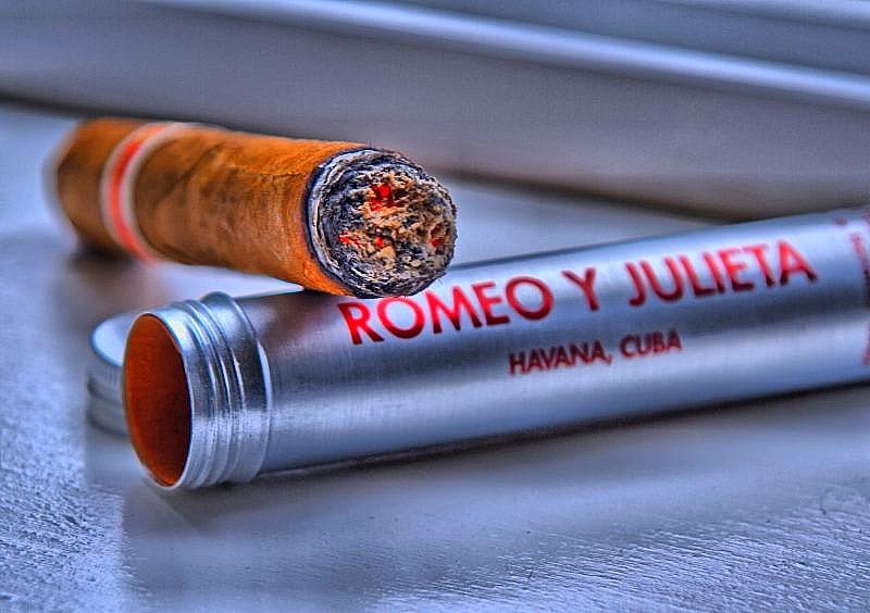 A lit Romeo Y Julieta Cigar available at Havana House