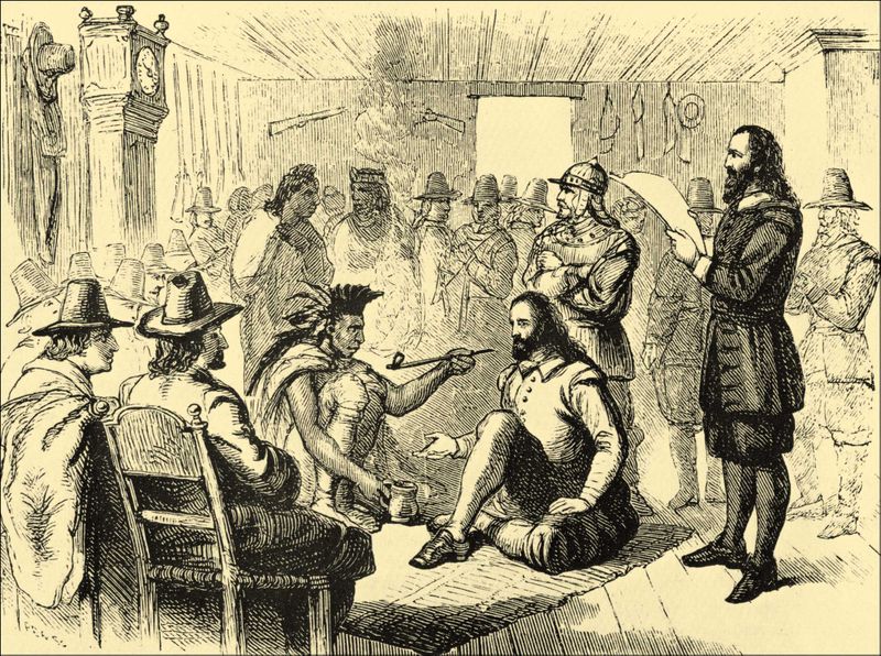 Massasoit and governor John Carver smoking a peace pipe