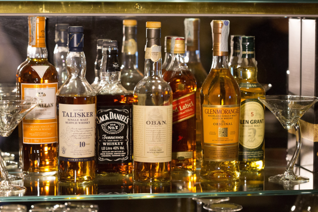 Selection of whisky bottles in a bar