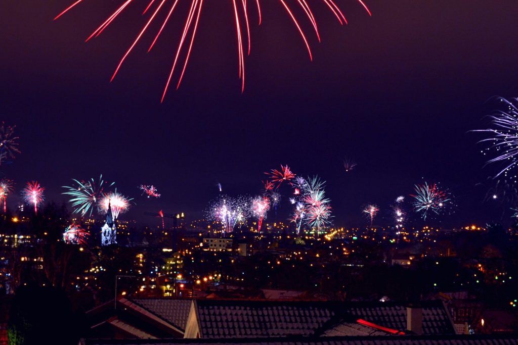 Fireworks going off over a city to welcome in the new year 