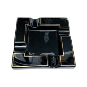 BLD Ceramic Cigar Ashtray 3 Rest Square - Black and Gold Trim